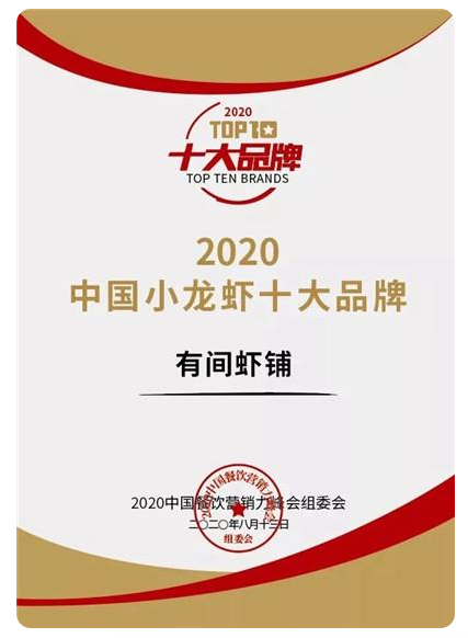 “2020中国餐饮（品类）十大品牌”颁奖盛典近日在成都举行。“2020中国餐饮（品类）十大品牌”“2020中国餐饮（细分品类）三甲品牌”两大奖项揭晓，有间虾铺获2020中国小龙虾十大品牌。有间虾铺餐饮管理有限公司成立